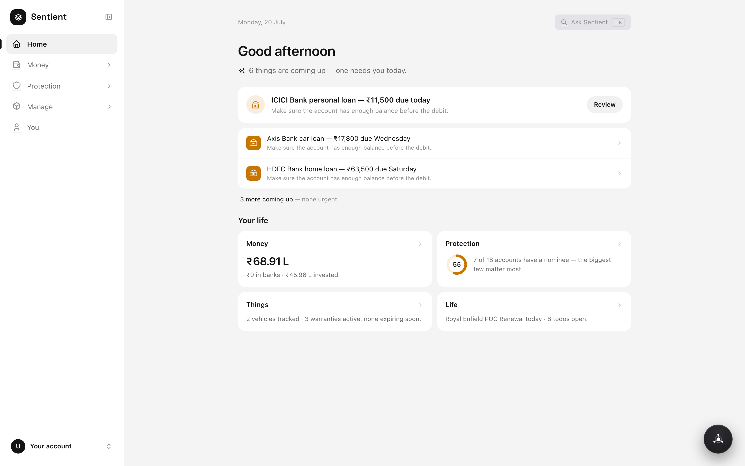 Sentient web app dashboard — life readiness, what's coming up, and cross-dimensional insights.